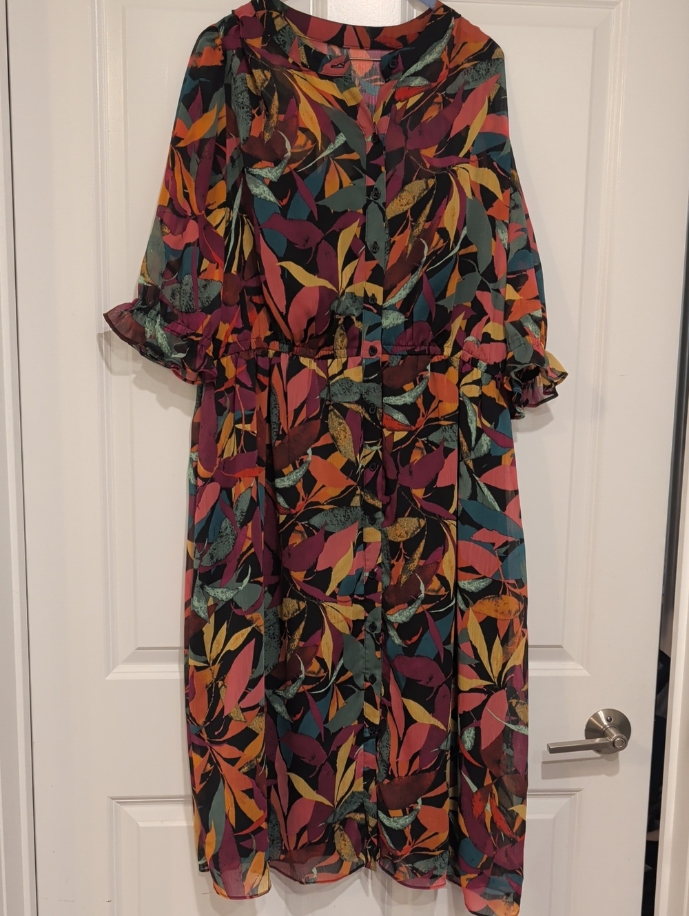 Maggy London Black Midi Dress with Multicolor Leaf Print